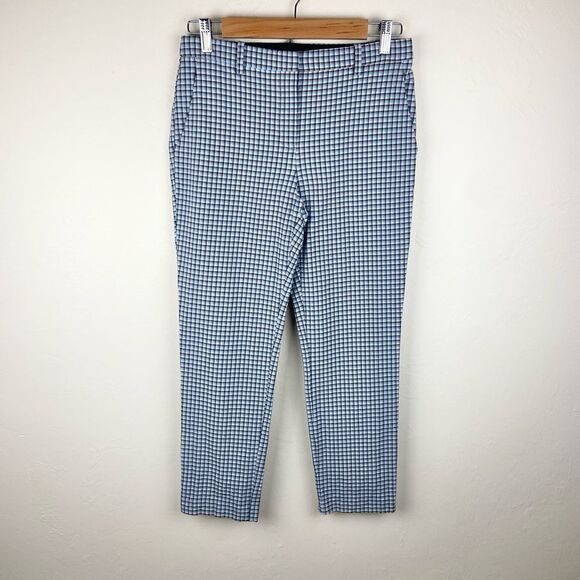 Theory Classic Gingham Plaid Slim Straight Ankle Pant - Light Blue & White - Picture 2 of 8